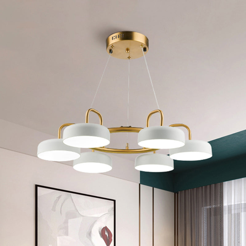 Metallic Drum Anhänger Leuchte modernistische 6-Kopf-LED-Ring-Kronleuchterlampe in Weiß und Gold