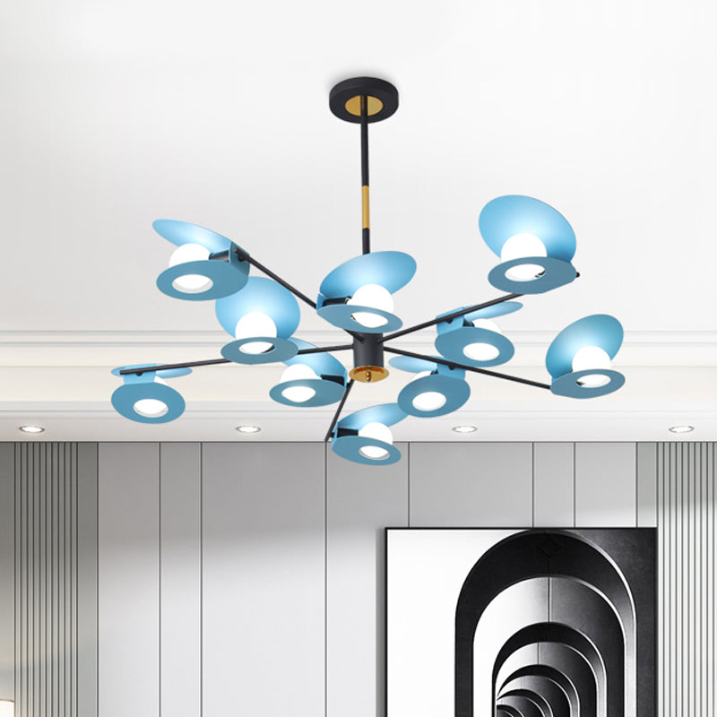 Suspension disque Lumière contemporaine métallique 10 ampoules lampe de lustre de salon en bleu avec design creux