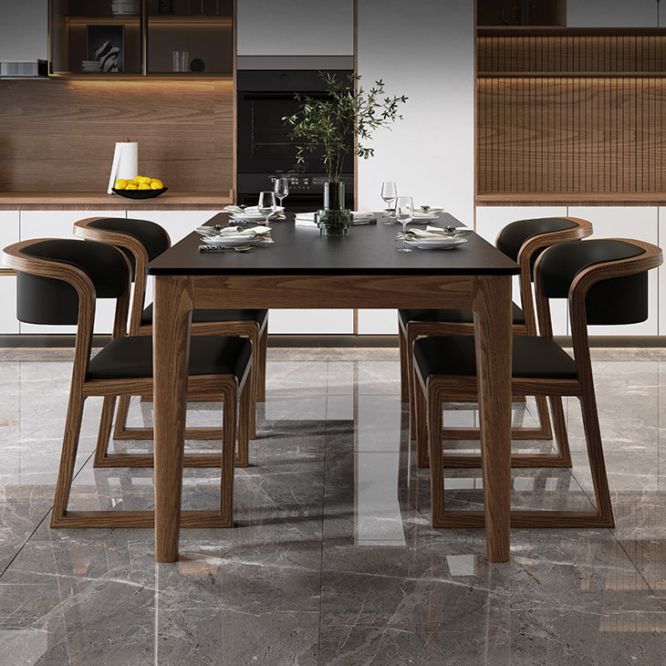 Modern Rectangle Dining Table Black Stone Top Dinette Table with Wooden Legs