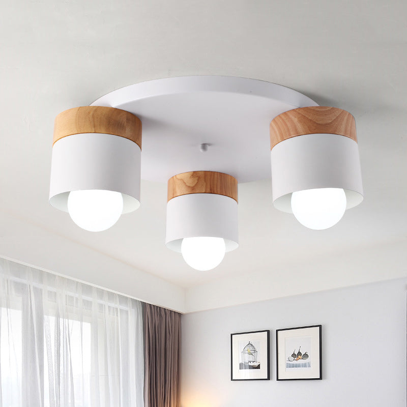 Iron Cylinder Flush Mount Fixture Modern Nordic 3 Bulbs White Ceiling Flush with Wood Top for Bedroom
