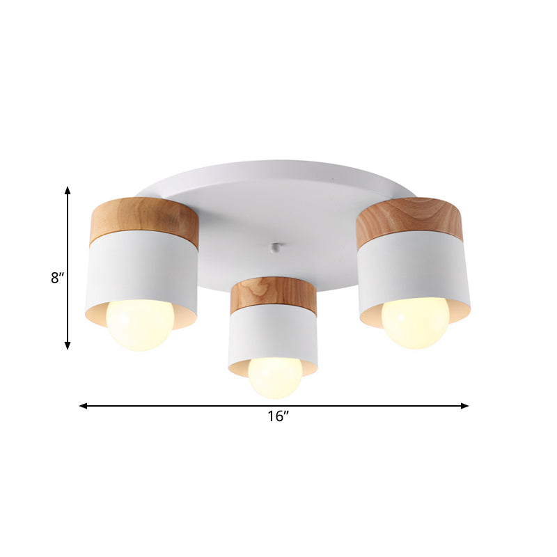 Iron Cylinder Flush Mount Fixture Modern Nordic 3 Bulbs White Ceiling Flush with Wood Top for Bedroom