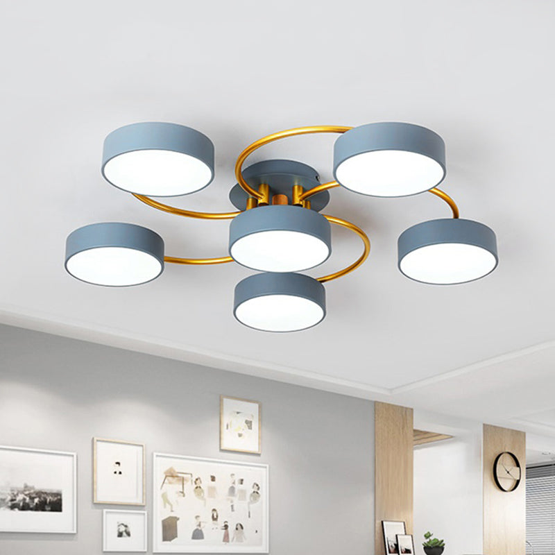 Small Drum Iron Semi-Flush Light Fixture Nordic 6 Heads Grey LED Close to Ceiling Lamp with Gold Spiral Arm