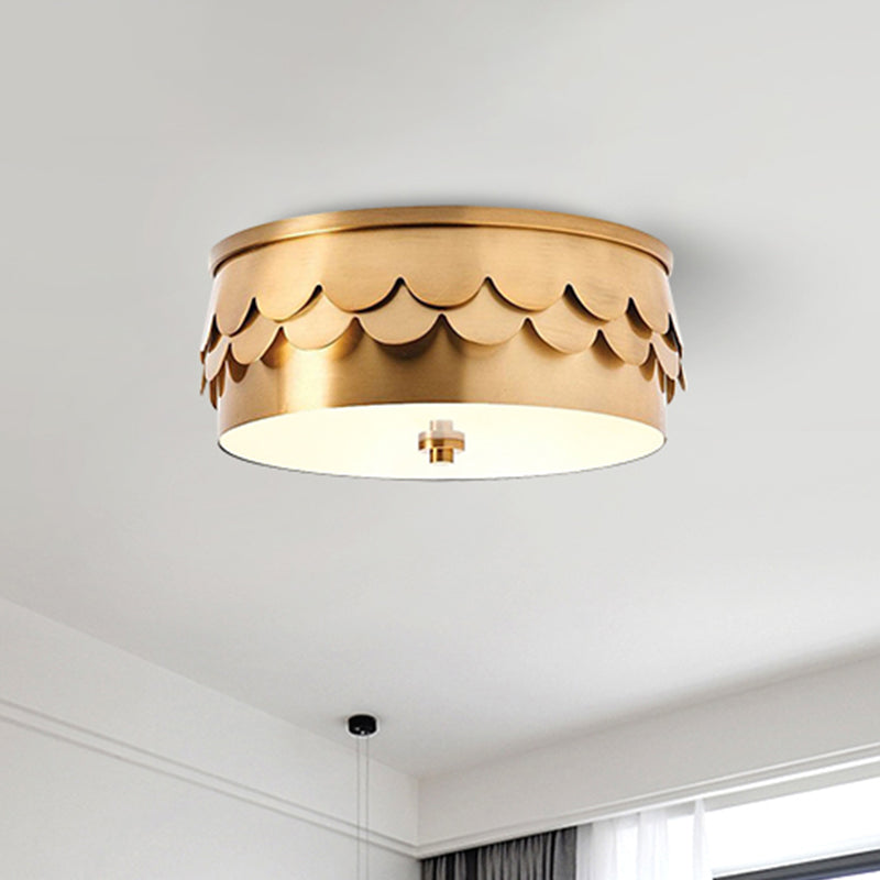 Drum Ceiling Mounted Light Postmodern Iron LED Bedroom Flush Mount Lamp in Gold with Ruffled Edge