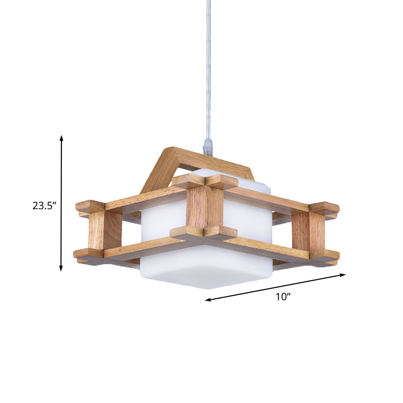 White Glass Cube Pendant Lighting Asian Style 1 Bulb Suspension Lamp with Wooden Squared Frame