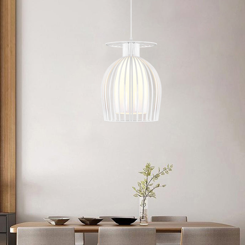 Cage en fer Cage vers le bas Éclairage moderne 1 pendentif suspendu léger en blanc avec une nuance en verre d'opale pour le restaurant