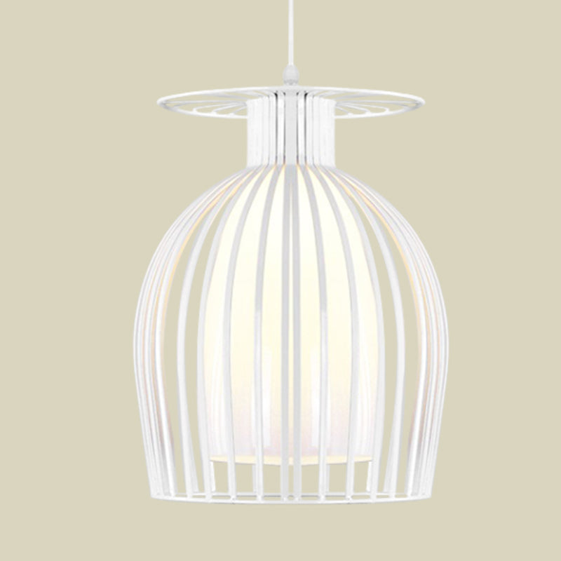 Cage en fer Cage vers le bas Éclairage moderne 1 pendentif suspendu léger en blanc avec une nuance en verre d'opale pour le restaurant