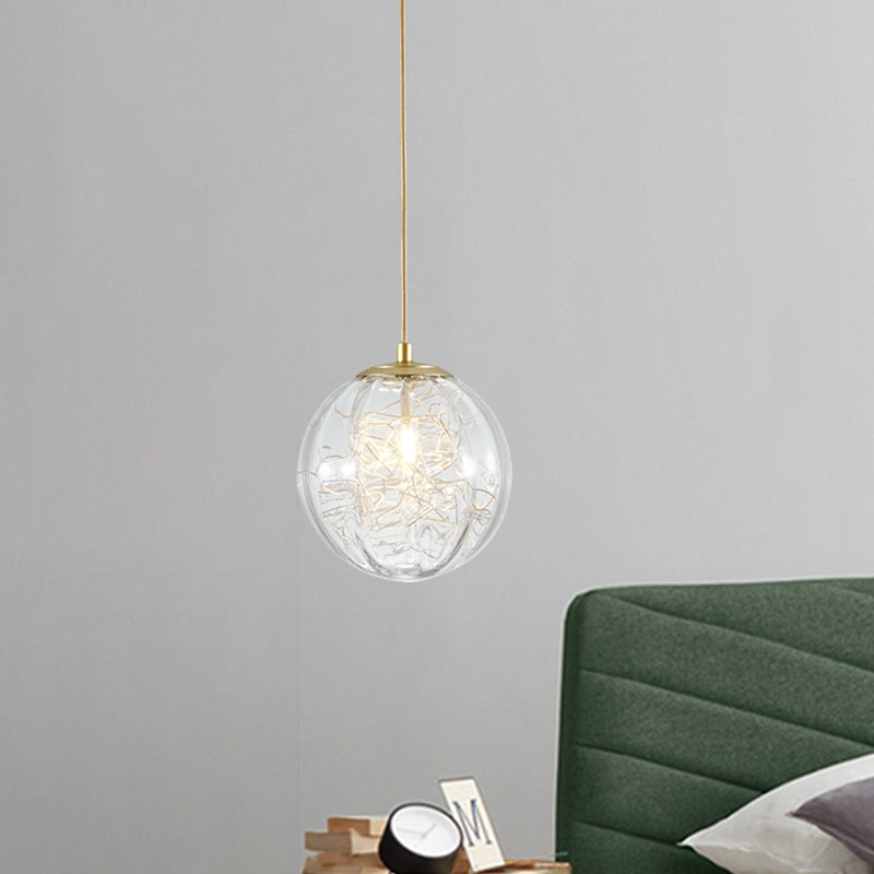 Brass Pumpkin Ball Ceiling Light Modern 1-Bulb Clear Glass Suspended Pendant Lamp for Bedside