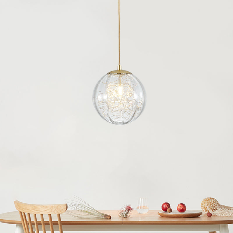 Brass Pumpkin Ball Ceiling Light Modern 1-Bulb Clear Glass Suspended Pendant Lamp for Bedside