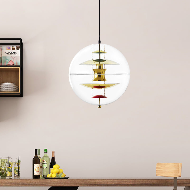 Clear Acrylic Ball Hanging Ceiling Light Modernist 1-Head Suspension Lamp with White/Gold/Silver Disc Deco Inside