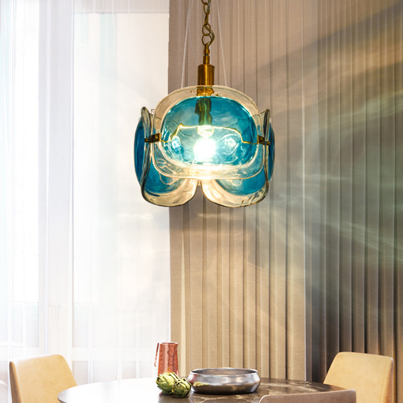 1 Bulb Restaurant Ceiling Lighting Modernist Brass Pendant Lamp Kit with 3-Panel Blue Water Glass Shade