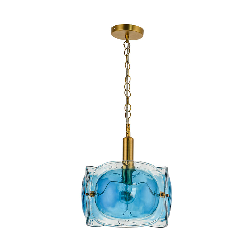 1 Bulb Restaurant Ceiling Lighting Modernist Brass Pendant Lamp Kit with 3-Panel Blue Water Glass Shade