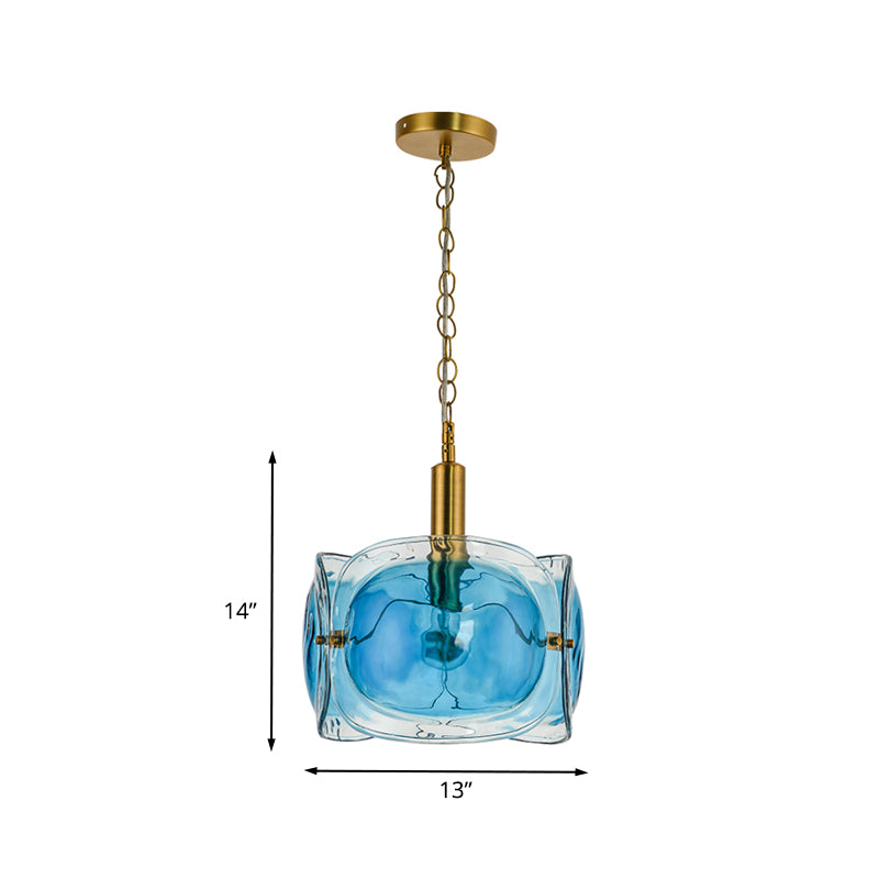 1 Bulb Restaurant Ceiling Lighting Modernist Brass Pendant Lamp Kit with 3-Panel Blue Water Glass Shade