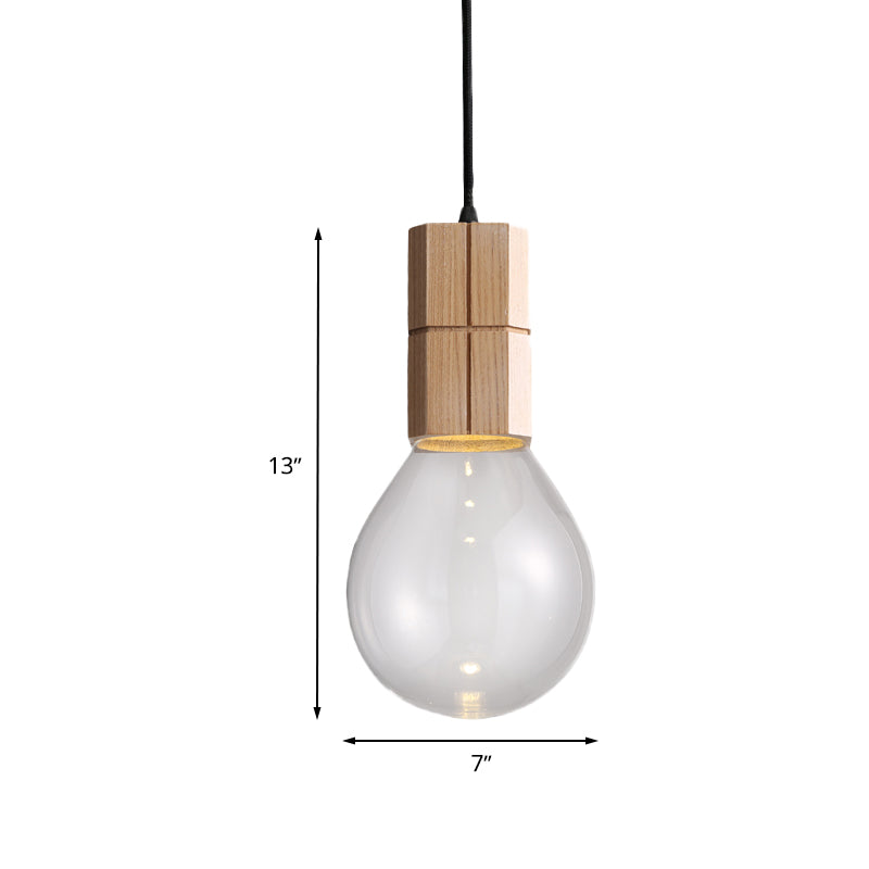 Exposed Bulb Ceiling Pendant Light Modern Clear Glass 1 Head Wood Hanging Lamp Kit in Warm/White Light