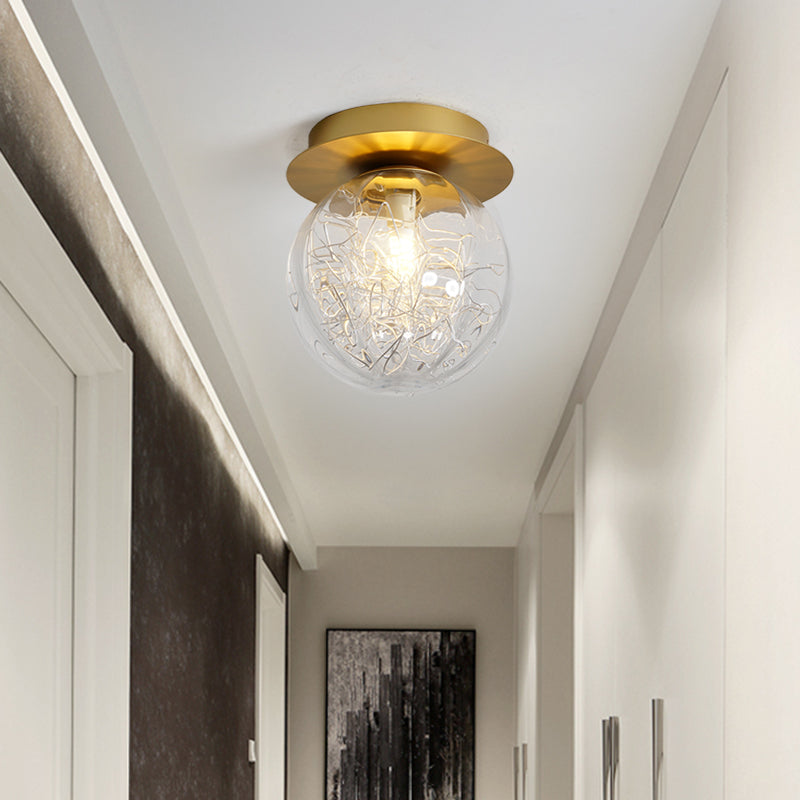 Gold Pumpkin Ball Flush Lighting Modern 1 Light Clear Glass Flush Lamp Fixture with Metal Line Inside