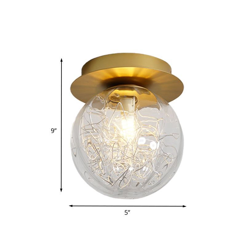 Gold Pumpkin Ball Flush Lighting Modern 1 Light Clear Glass Flush Lamp Fixture with Metal Line Inside