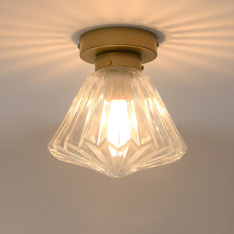 Brass Diamond Flush Ceiling Light Fixture Modernism 1 Bulb Clear Ribbed Glass Flush Lamp for Kitchen