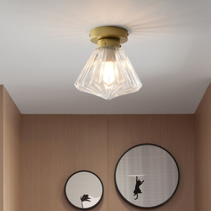 Brass Diamond Flush Ceiling Light Fixture Modernism 1 Bulb Clear Ribbed Glass Flush Lamp for Kitchen