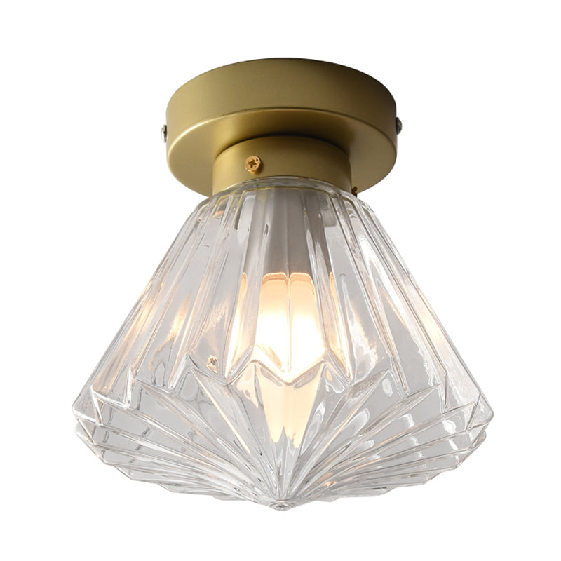 Brass Diamond Flush Ceiling Light Fixture Modernism 1 Bulb Clear Ribbed Glass Flush Lamp for Kitchen