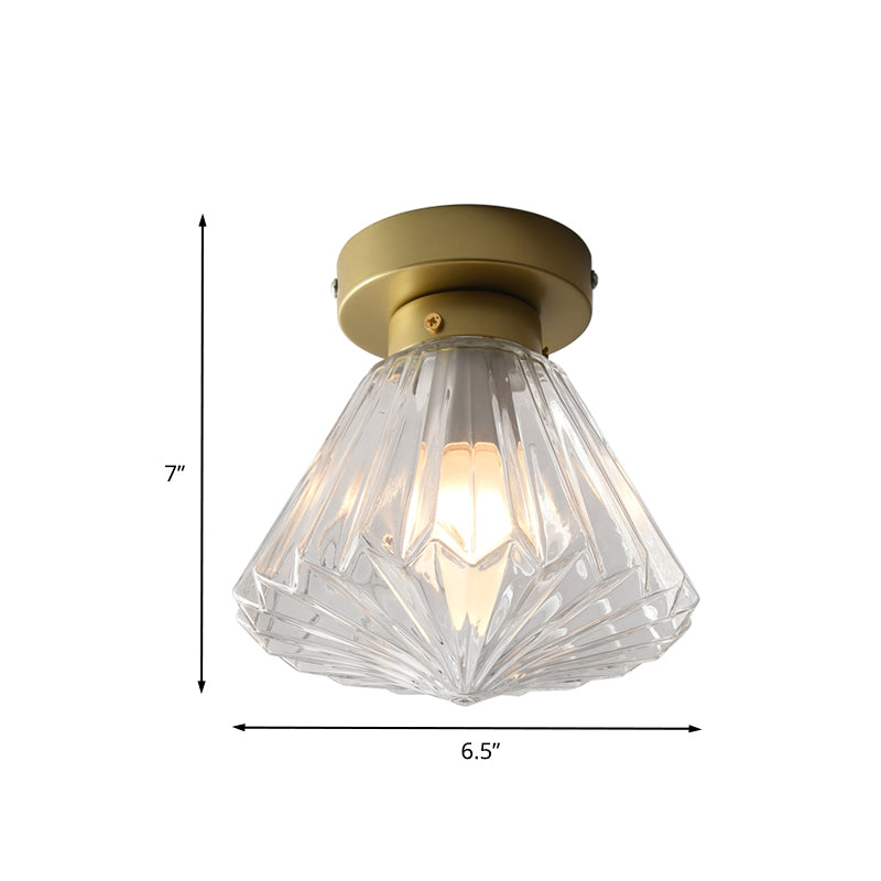Brass Diamond Flush Ceiling Light Fixture Modernism 1 Bulb Clear Ribbed Glass Flush Lamp for Kitchen