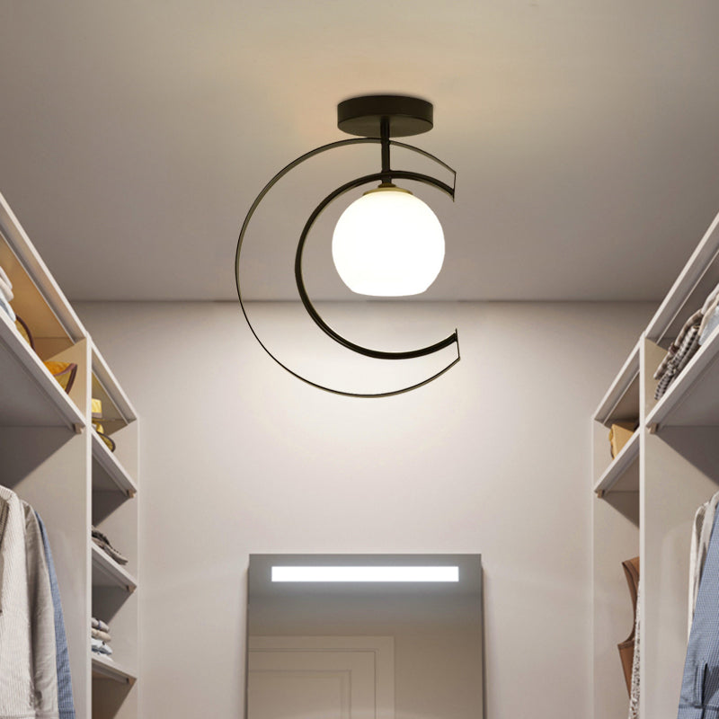 Modern Globe Semi Flush Light White Glass 1-Light Bedroom Ceiling Mounted Lamp in Black with Moon Iron Frame