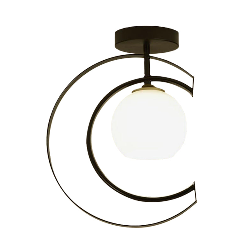 Modern Globe Semi Flush Light White Glass 1-Light Bedroom Ceiling Mounted Lamp in Black with Moon Iron Frame