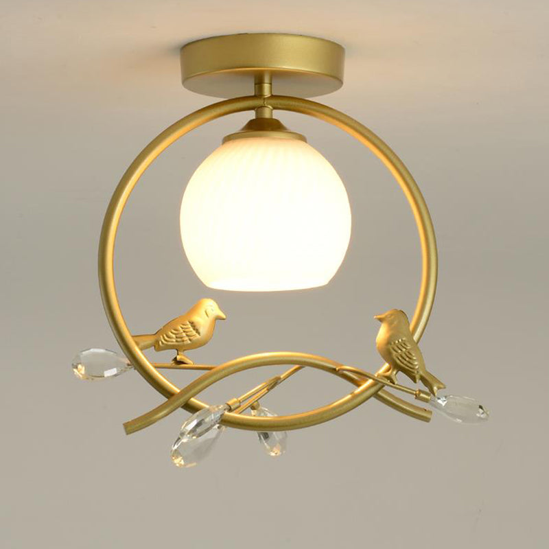 Metal Ring Semi-Flush Mount Modernist 1-Head Black/Gold Finish Flush Lighting with Bird and Crystal Deco