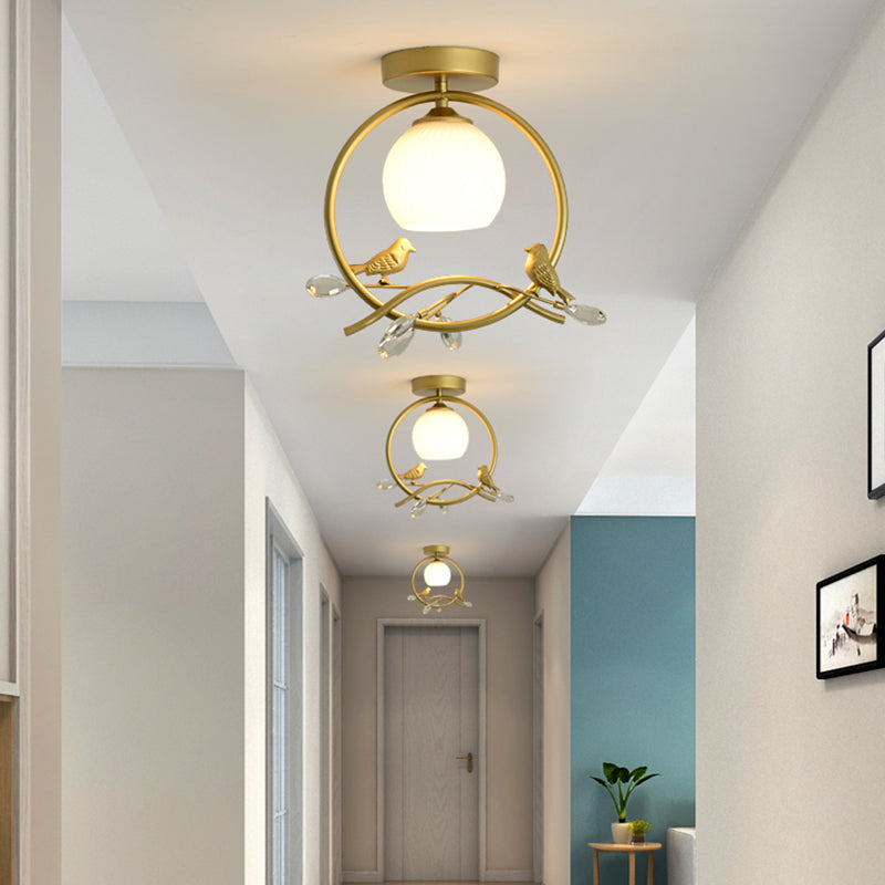 Metal Ring Semi-Flush Mount Modernist 1-Head Black/Gold Finish Flush Lighting with Bird and Crystal Deco