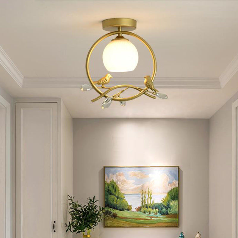 Metal Ring Semi-Flush Mount Modernist 1-Head Black/Gold Finish Flush Lighting with Bird and Crystal Deco