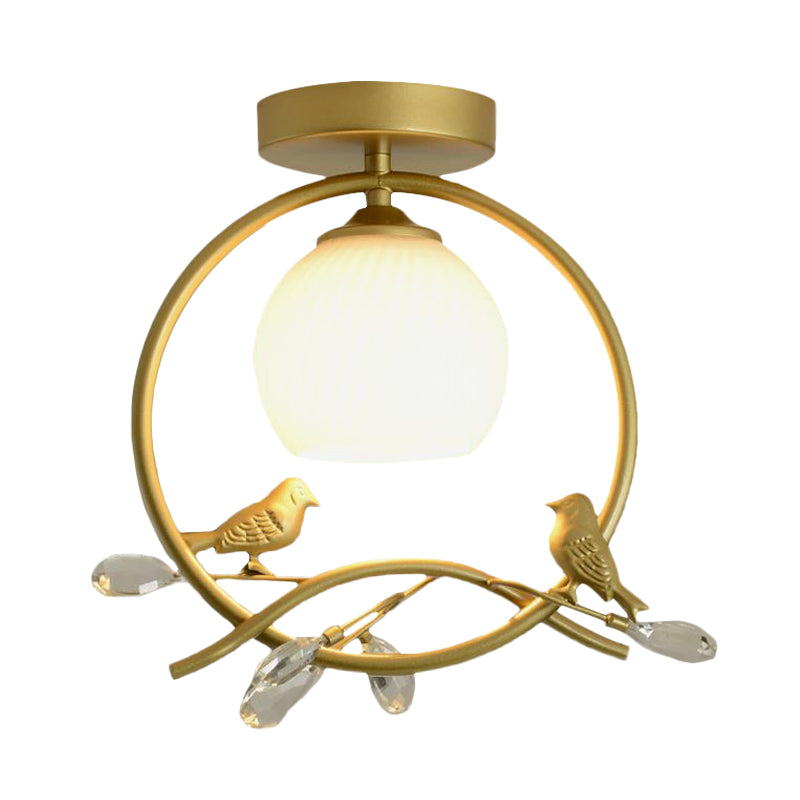 Metal Ring Semi-Flush Mount Modernist 1-Head Black/Gold Finish Flush Lighting with Bird and Crystal Deco