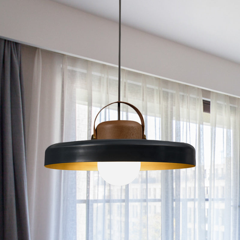 Metal Flat Ceiling Light Modern 1 Head Black Down Lighting Pendant with Wooden Cap