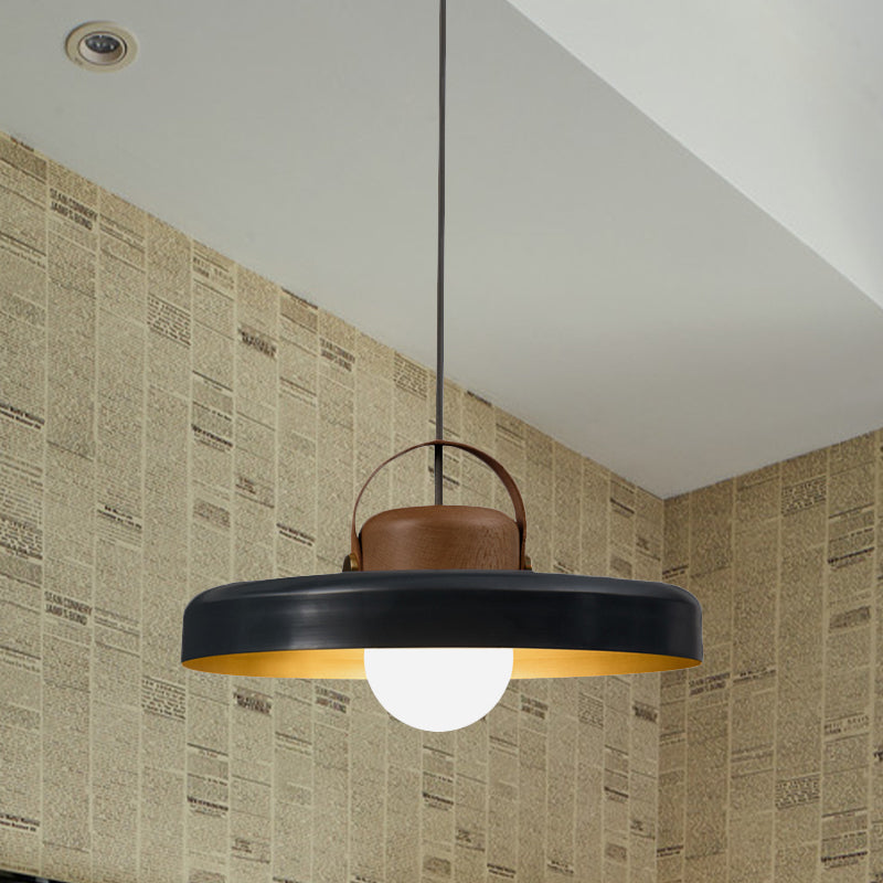 Metal Flat Ceiling Light Modern 1 Head Black Down Lighting Pendant with Wooden Cap