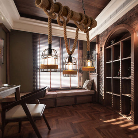 Industrial Birdcage Pendant Light Chandelier 3 Lights Metal Island Light with Adjustable Rope in Black, 31.5"/39" Wide