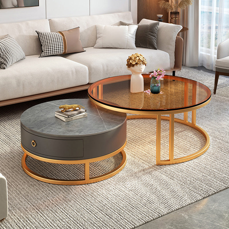 Round Coffee Table Glass Top 2 Nesting Coffee Table Set with Storage