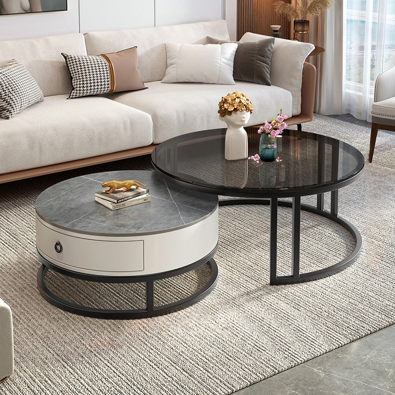 Round Coffee Table Glass Top 2 Nesting Coffee Table Set with Storage