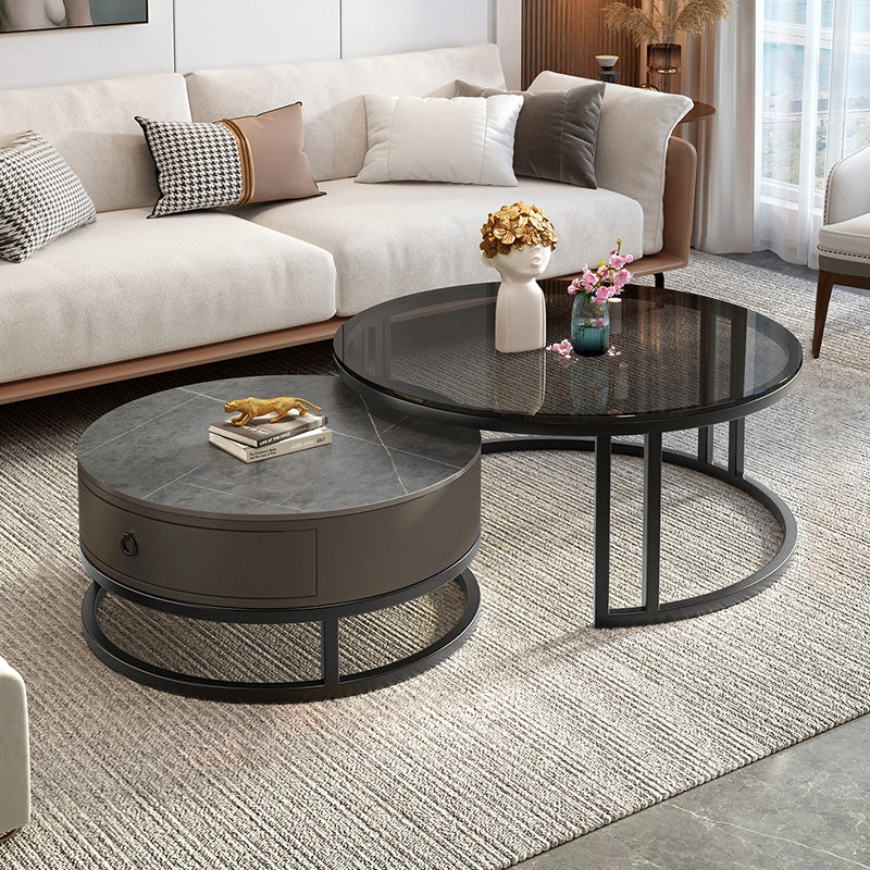 Round Coffee Table Glass Top 2 Nesting Coffee Table Set with Storage