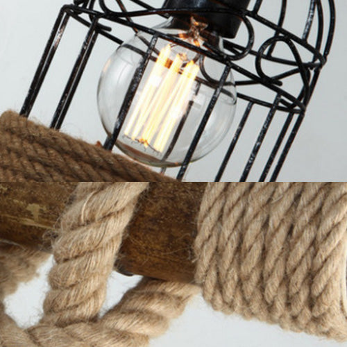 Industrial Birdcage Pendant Light Chandelier 3 Lights Metal Island Light with Adjustable Rope in Black, 31.5"/39" Wide