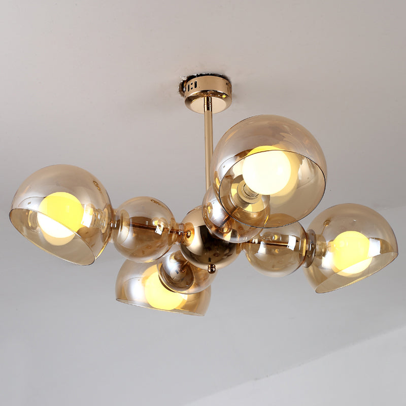 4/6 Lights Bedroom Semi Mount Lighting Brass Ceiling Light Fixture with Bowl Amber Glass Shade