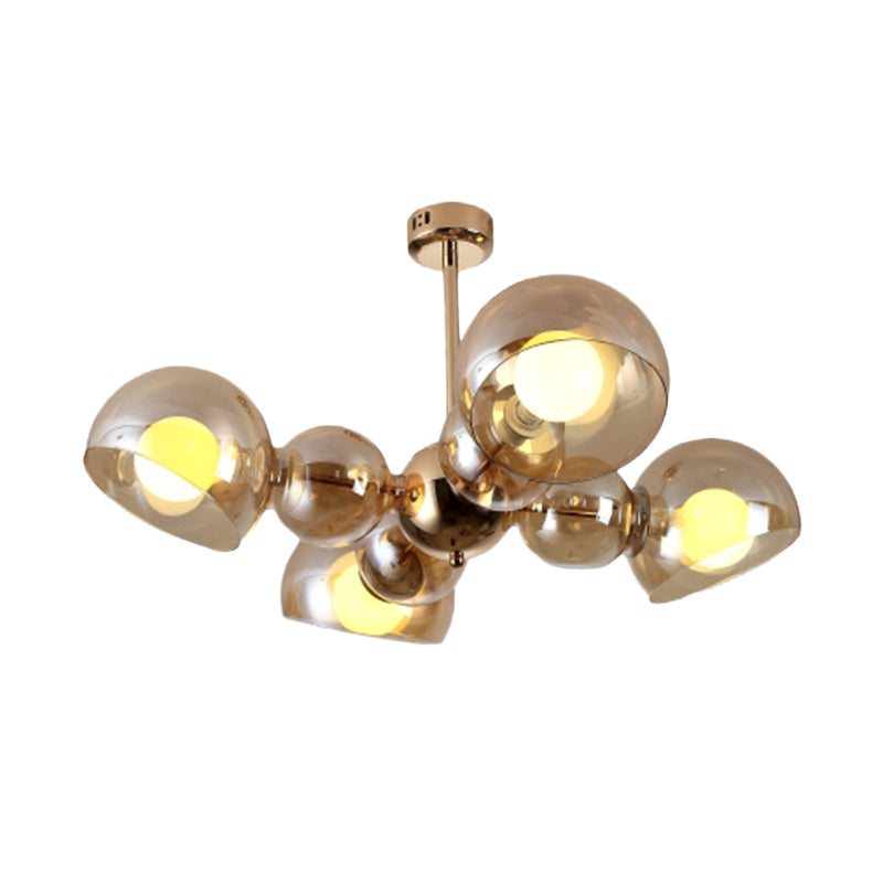 4/6 Lights Bedroom Semi Mount Lighting Brass Ceiling Light Fixture with Bowl Amber Glass Shade