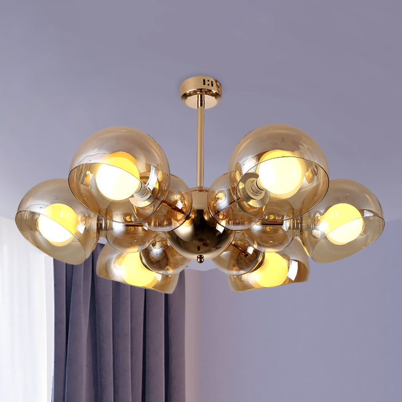4/6 Lights Bedroom Semi Mount Lighting Brass Ceiling Light Fixture with Bowl Amber Glass Shade