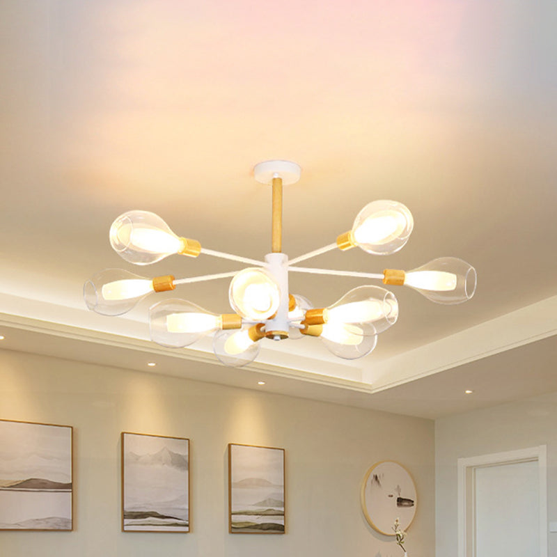 Simplicity Teardrop Ceiling Flush Clear Glass 10 Lights Living Room Semi Flush in White with Wooden Cap