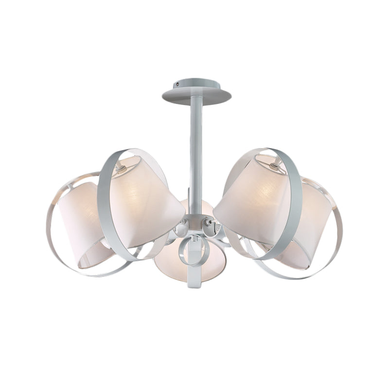 Minimalist Barrel Semi Flush Light Fabric 5 Heads Kitchen Flush Mount in White with Round Metal Cage