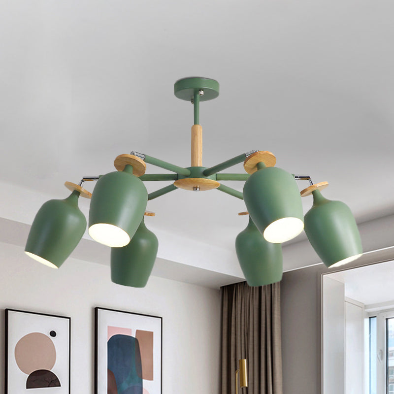 Green Tulip Semi Flush Light Fixture Contemporary 6/8 Bulbs Iron Flushmount Lighting with Wood Detail