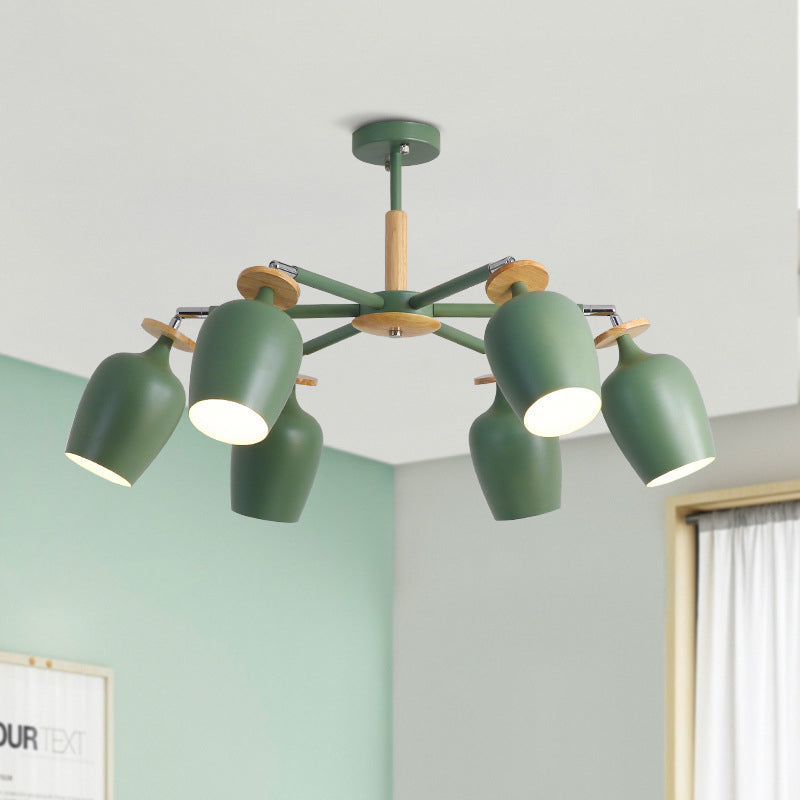 Green Tulip Semi Flush Light Fixture Contemporary 6/8 Bulbs Iron Flushmount Lighting with Wood Detail