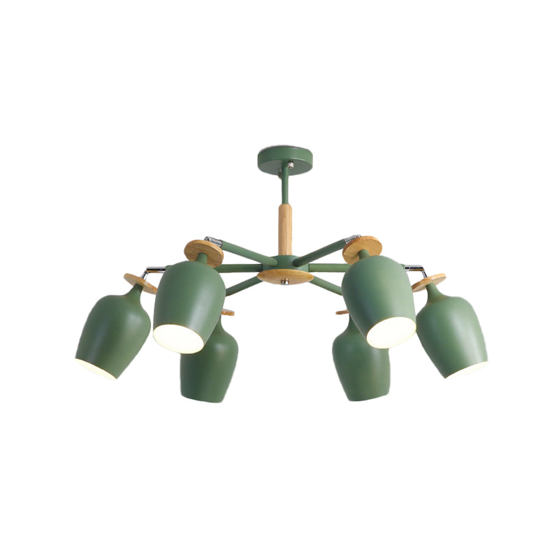 Green Tulip Semi Flush Light Fixture Contemporary 6/8 Bulbs Iron Flushmount Lighting with Wood Detail