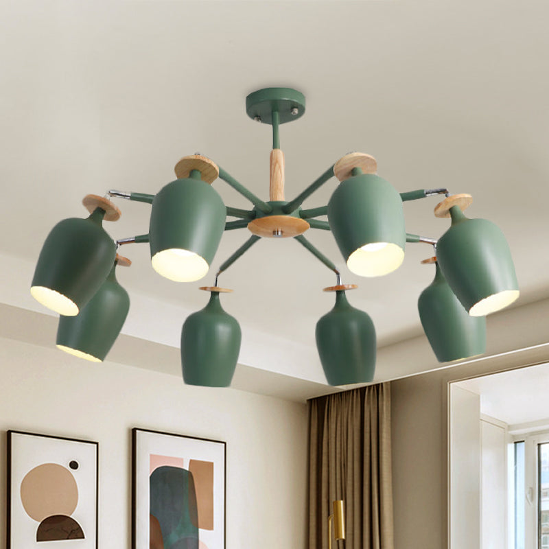 Green Tulip Semi Flush Light Fixture Contemporary 6/8 Bulbs Iron Flushmount Lighting with Wood Detail