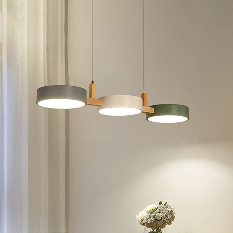 Metallzylinder Multi-Light-Anhänger Nordic 3 Kopf weißgrau-grüne Deckenlampe mit Holzarm