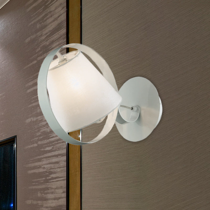 Simple Bucket Fabric Sconce Lamp 1 Bulb Wall Mount Light Fixture in White with Metal Ring