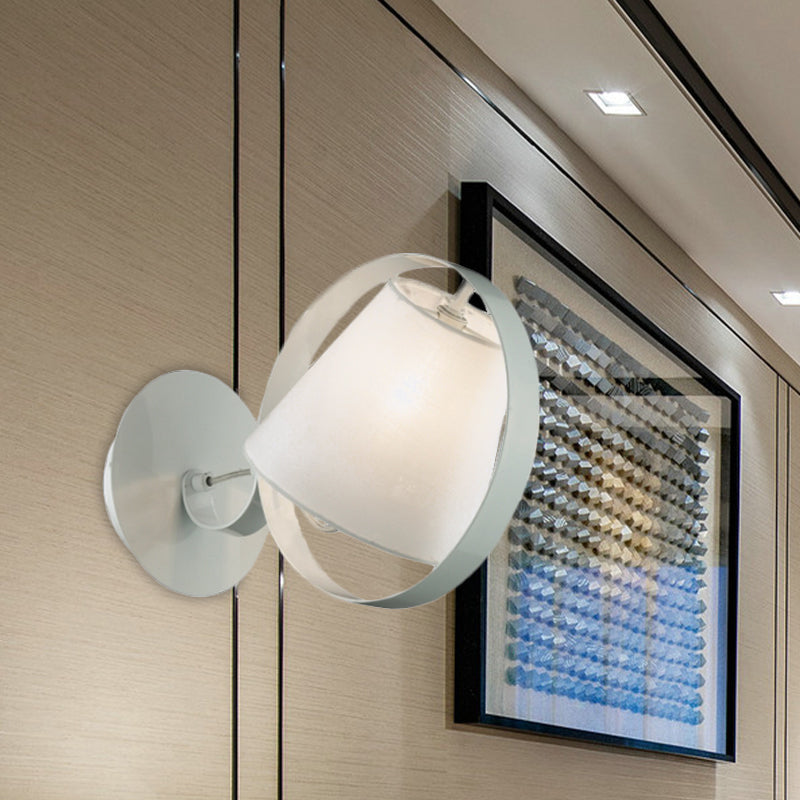 Simple Bucket Fabric Sconce Lamp 1 Bulb Wall Mount Light Fixture in White with Metal Ring