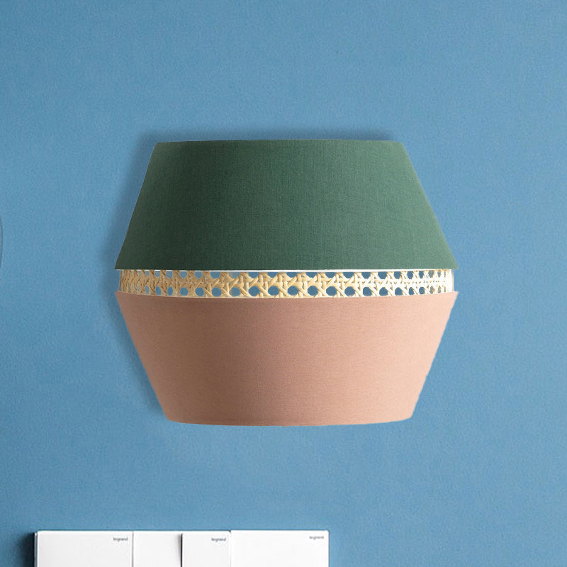 Green and Pink Cutout Sconce Minimalist 1 Head Fabric Wall Mounted Light with Rattan Detail for Bedroom