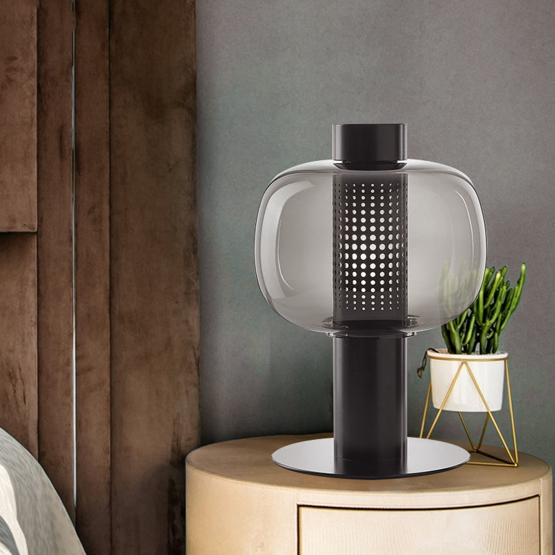 Schwarz/braun hohlrohr Tischlampe moderne LED -Metallic Desk Licht mit Fischtank klar/Cognac -Glasschatten